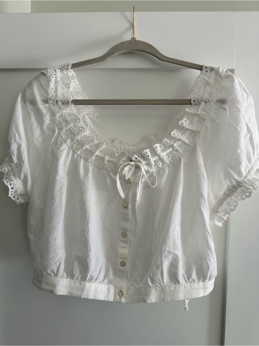 GAP White Lace-Trim Button Front Cropped Blouse 100% Cotton